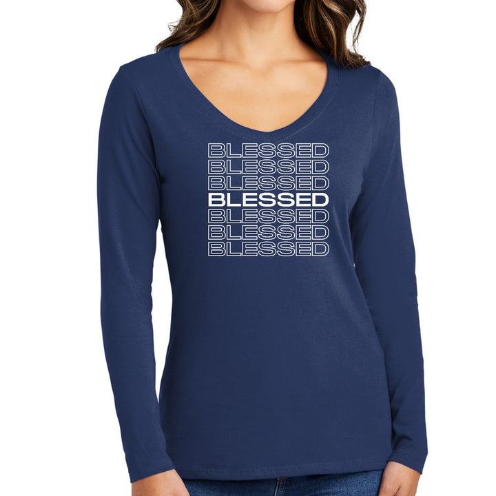 Womens Long Sleeve V-neck Graphic T-shirt - Blessed Stacked Print - Womens