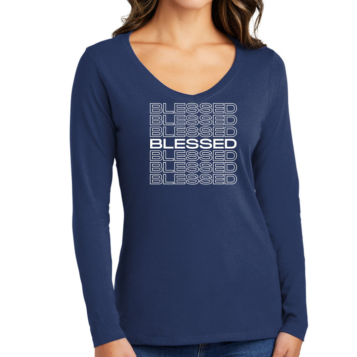 Womens Long Sleeve V-neck Graphic T-shirt Blessed Stacked Print - Womens