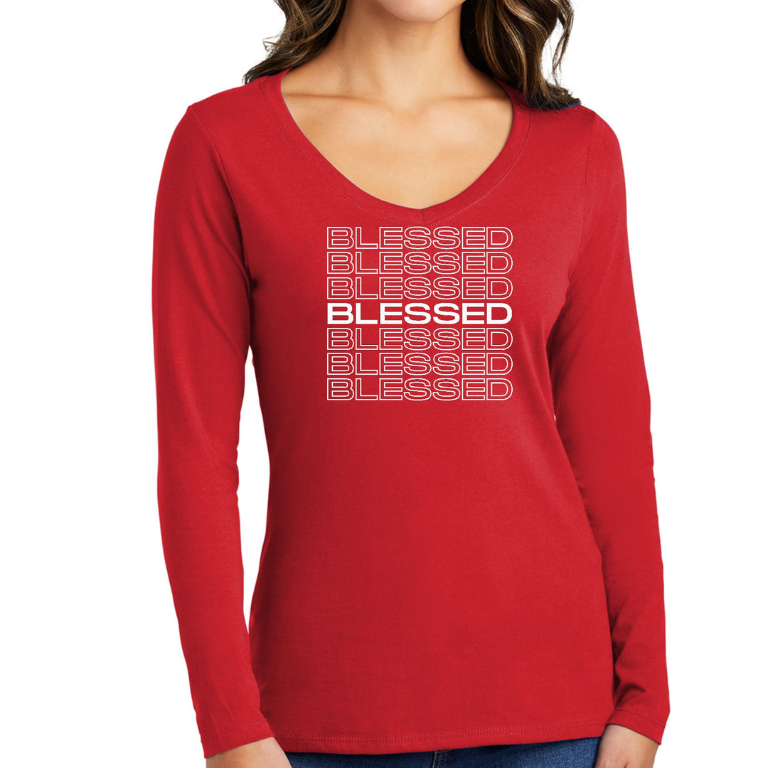 Womens Long Sleeve V-neck Graphic T-shirt - Blessed Stacked Print - Womens