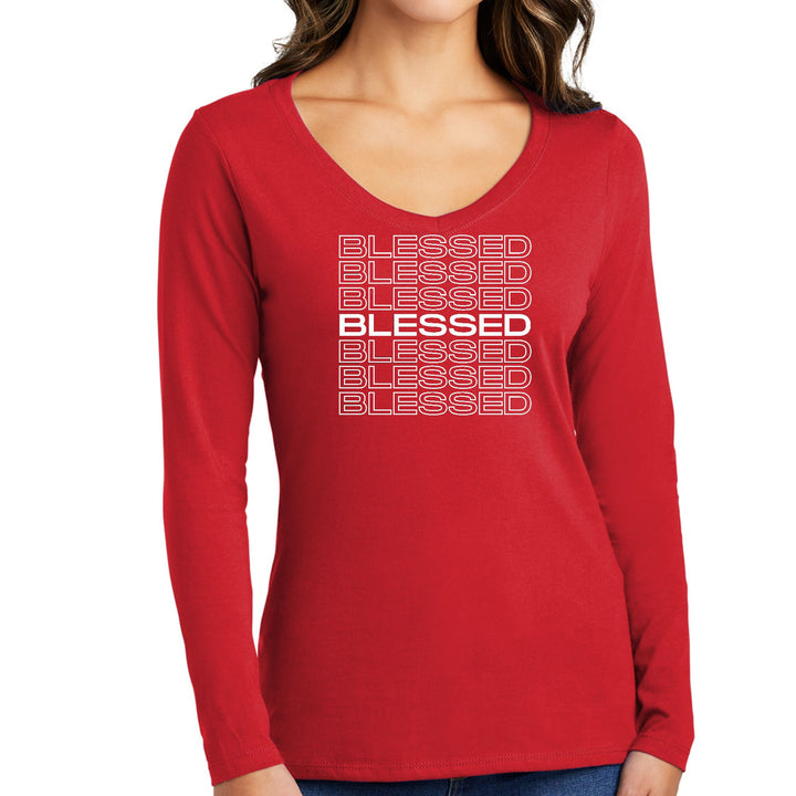 Womens Long Sleeve V-neck Graphic T-shirt - Blessed Stacked Print - Womens