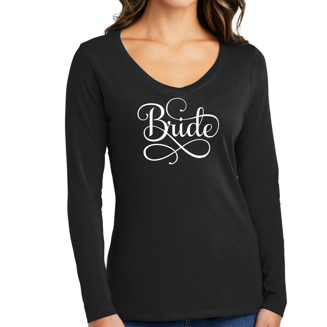 Womens Long Sleeve V-neck Graphic T-shirt Bride Accessories Wedding - Womens