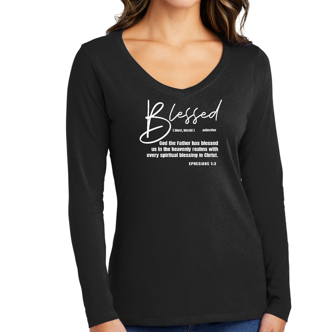 Womens Long Sleeve V-neck Graphic T-shirt Ephesians - Blessed - Womens