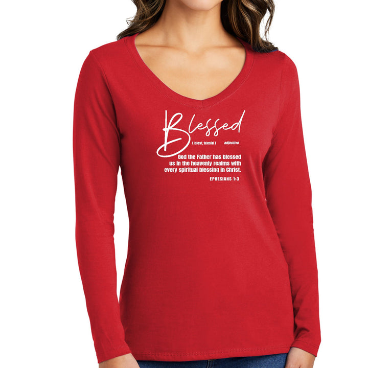 Womens Long Sleeve V-neck Graphic T-shirt - Ephesians - Blessed - Womens