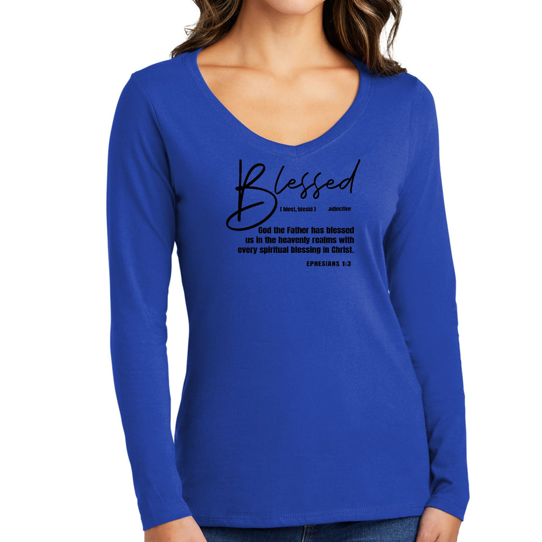 Womens Long Sleeve V-neck Graphic T-shirt Ephesians - Blessed - Womens