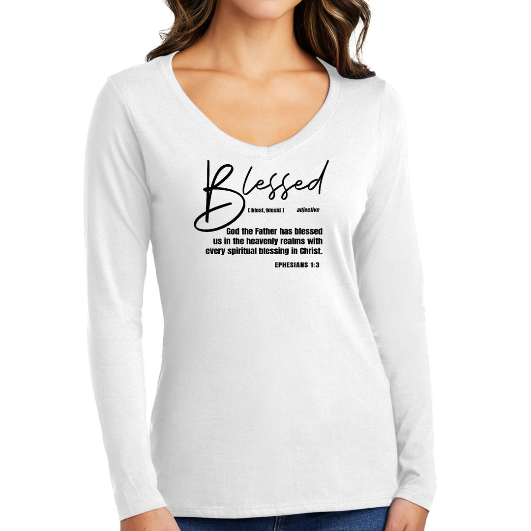 Womens Long Sleeve V-neck Graphic T-shirt Ephesians - Blessed - Womens