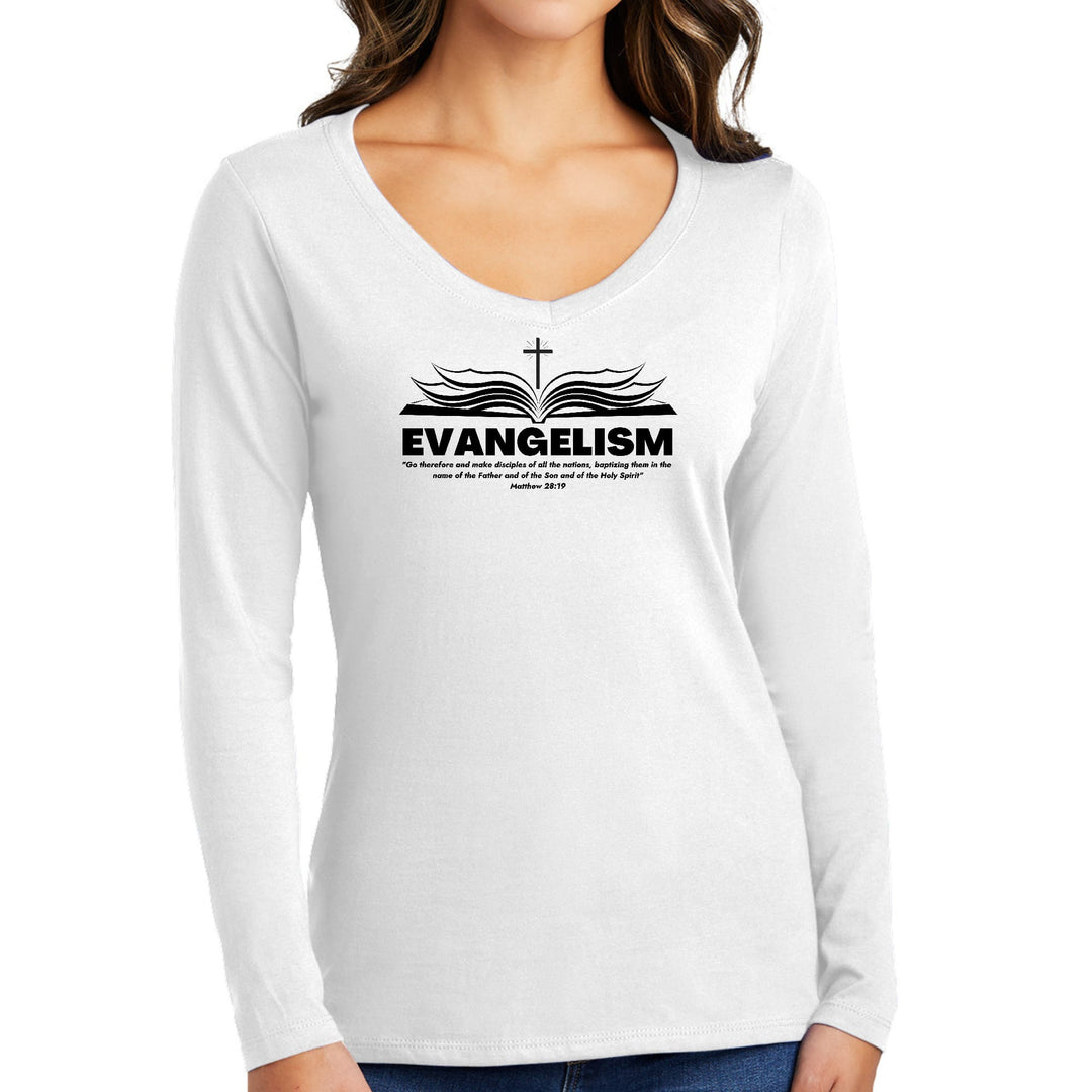 Womens Long Sleeve V-neck Graphic T-shirt - Evangelism - Go Therefore - Womens