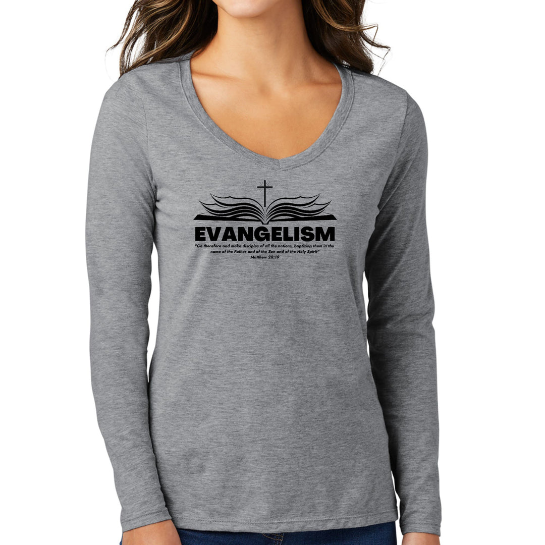 Womens Long Sleeve V-neck Graphic T-shirt - Evangelism - Go Therefore - Womens