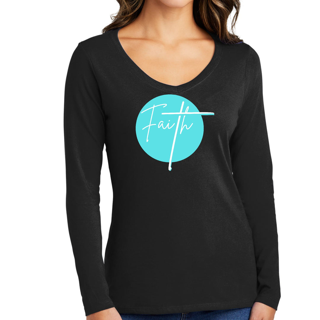 Womens Long Sleeve V-neck Graphic T-shirt - Faith - Christian - Womens