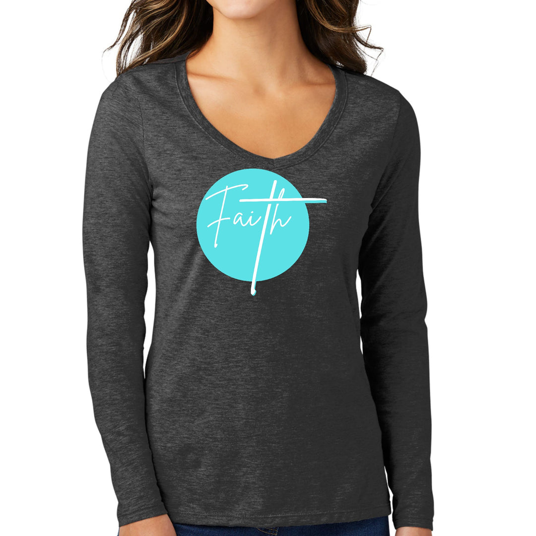 Womens Long Sleeve V-neck Graphic T-shirt - Faith - Christian - Womens