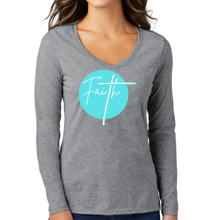 Womens Long Sleeve V-neck Graphic T-shirt - Faith - Christian - Womens