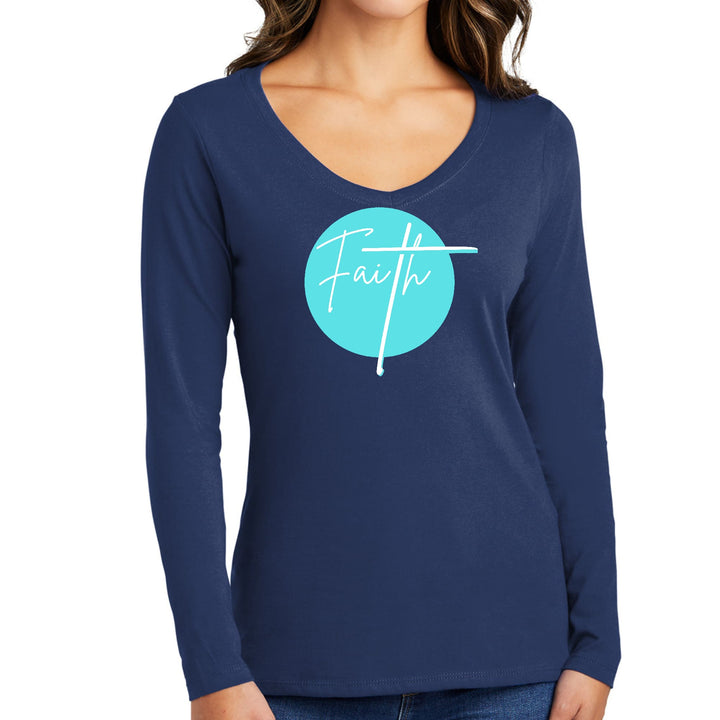 Womens Long Sleeve V-neck Graphic T-shirt - Faith - Christian - Womens