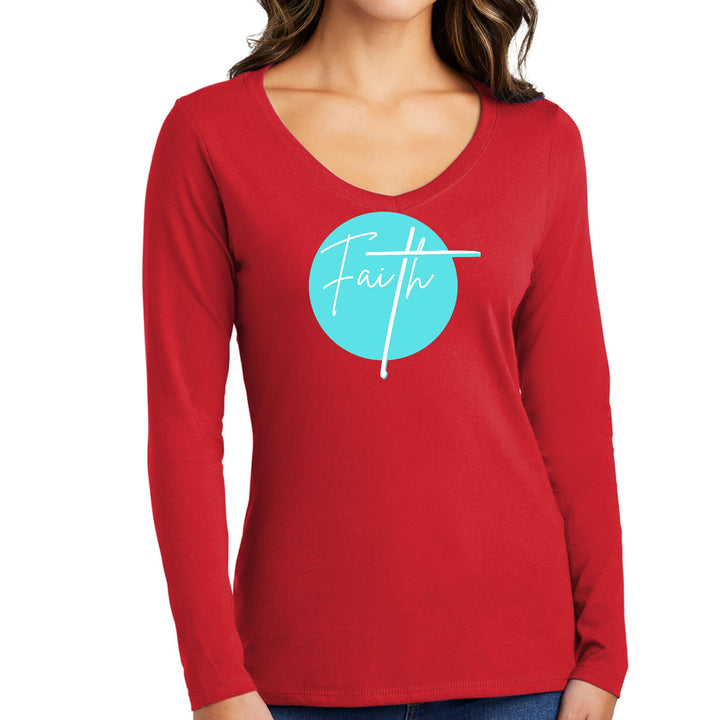 Womens Long Sleeve V-neck Graphic T-shirt - Faith - Christian - Womens