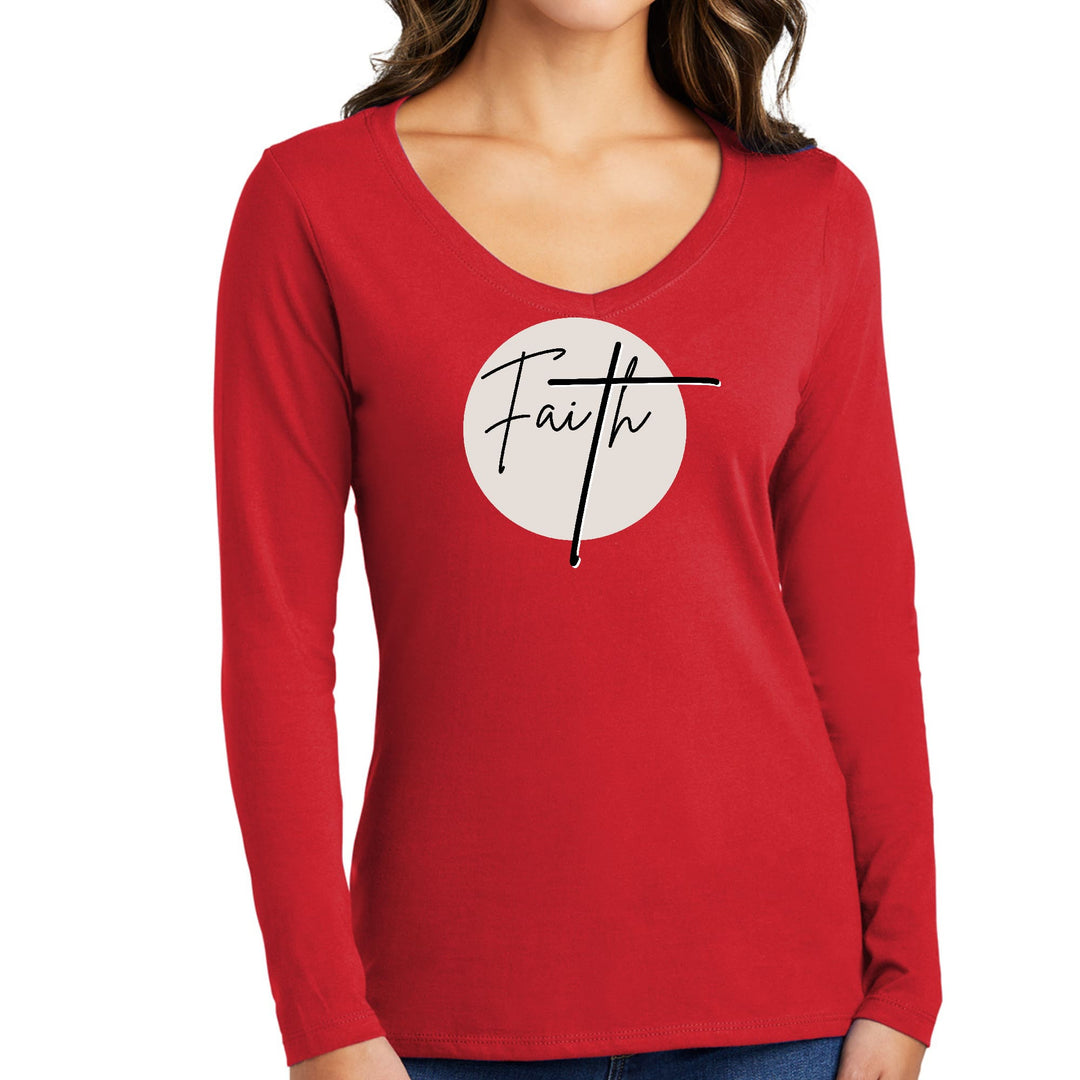 Womens Long Sleeve V-neck Graphic T-shirt - Faith - Christian - Womens