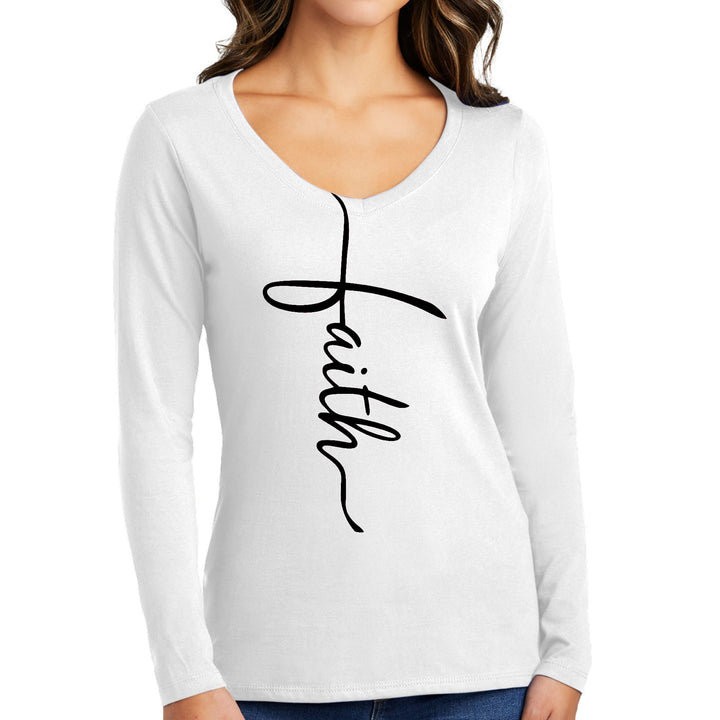 Womens Long Sleeve V-neck Graphic T-shirt Faith Script Cross Black - Womens