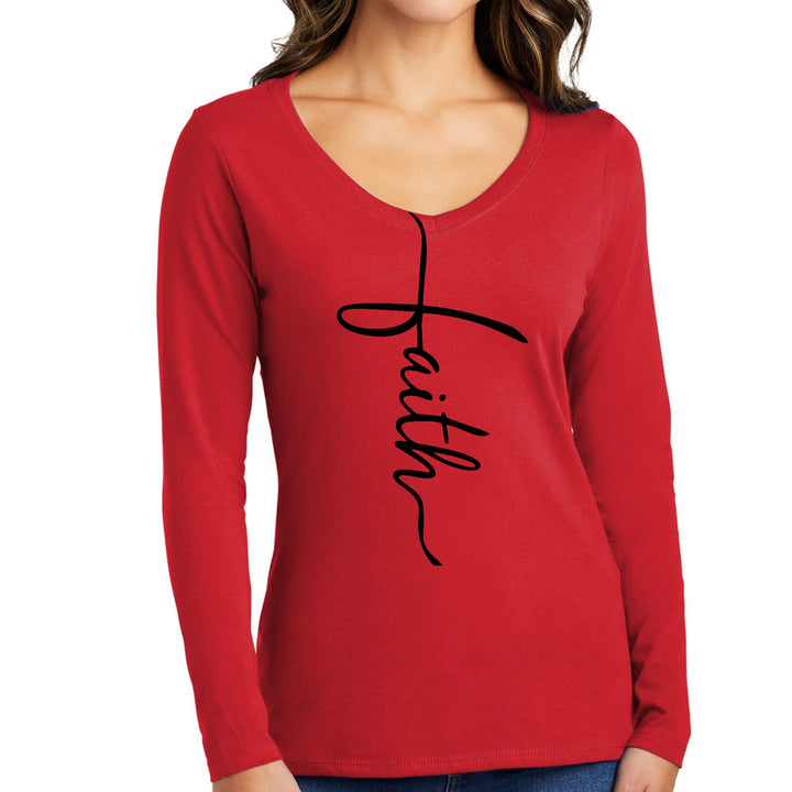 Womens Long Sleeve V-neck Graphic T-shirt Faith Script Cross Black - Womens
