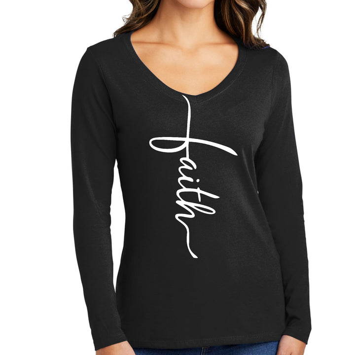 Womens Long Sleeve V-neck Graphic T-shirt Faith Script Cross - Womens