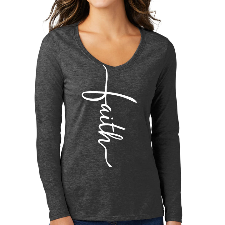 Womens Long Sleeve V-neck Graphic T-shirt Faith Script Cross - Womens
