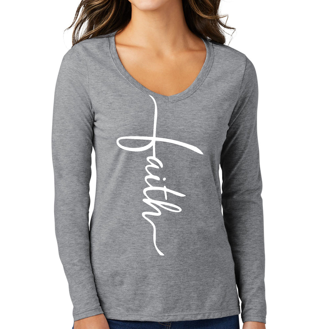 Womens Long Sleeve V-neck Graphic T-shirt Faith Script Cross - Womens