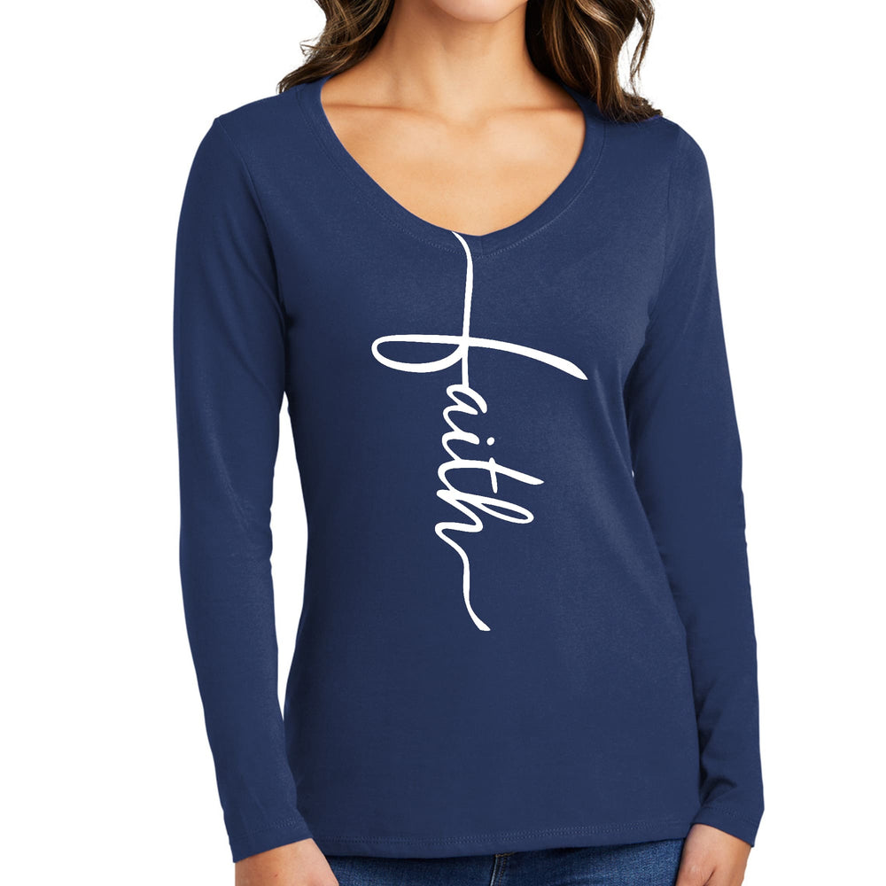 Womens Long Sleeve V-neck Graphic T-shirt Faith Script Cross - Womens