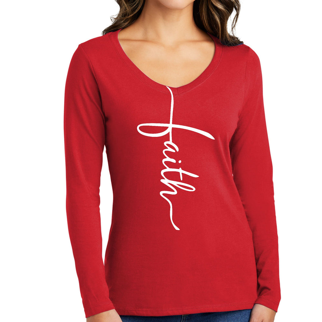 Womens Long Sleeve V-neck Graphic T-shirt Faith Script Cross - Womens