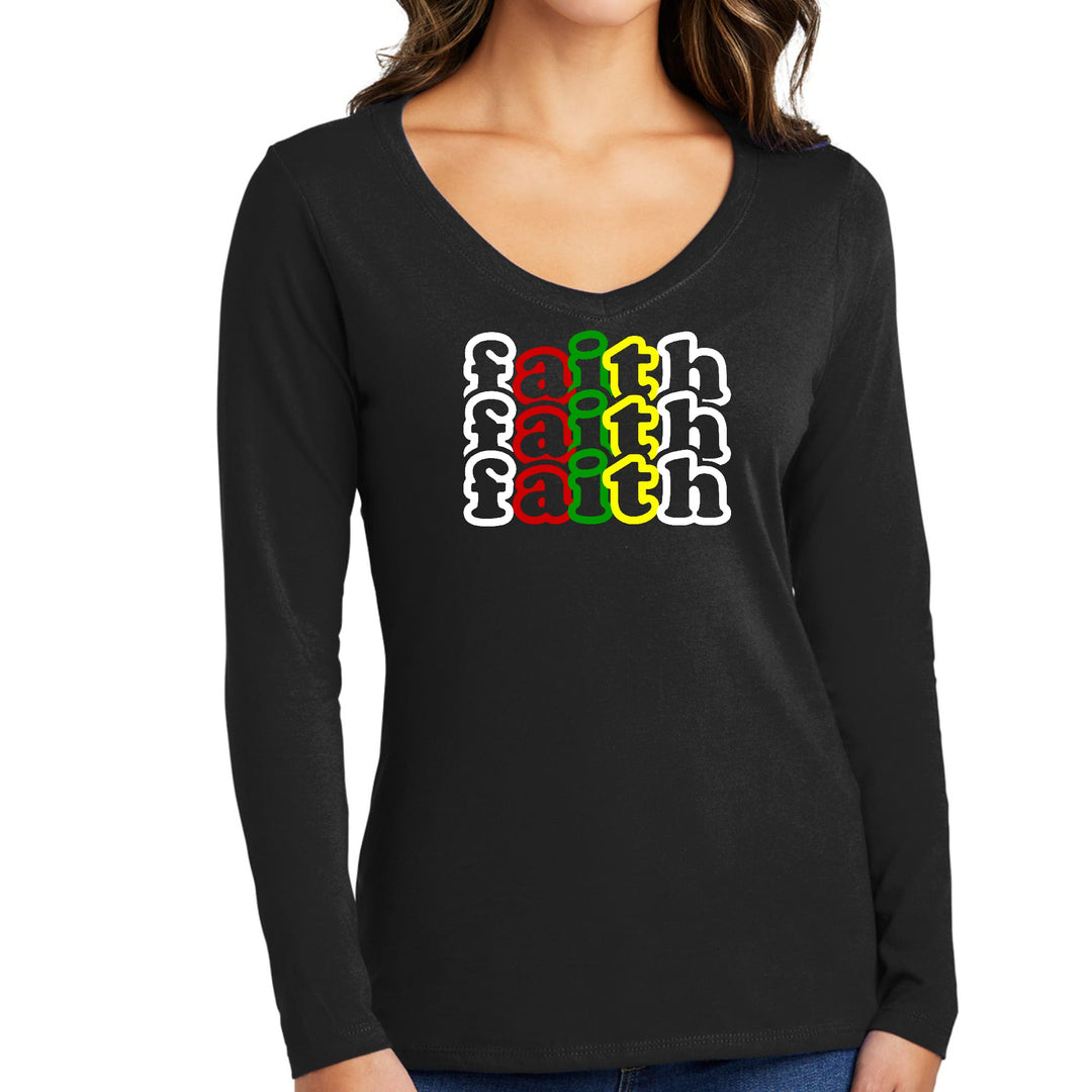 Womens Long Sleeve V-neck Graphic T-shirt Faith Stack Multicolor - Womens