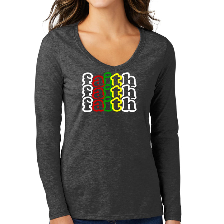 Womens Long Sleeve V-neck Graphic T-shirt Faith Stack Multicolor - Womens