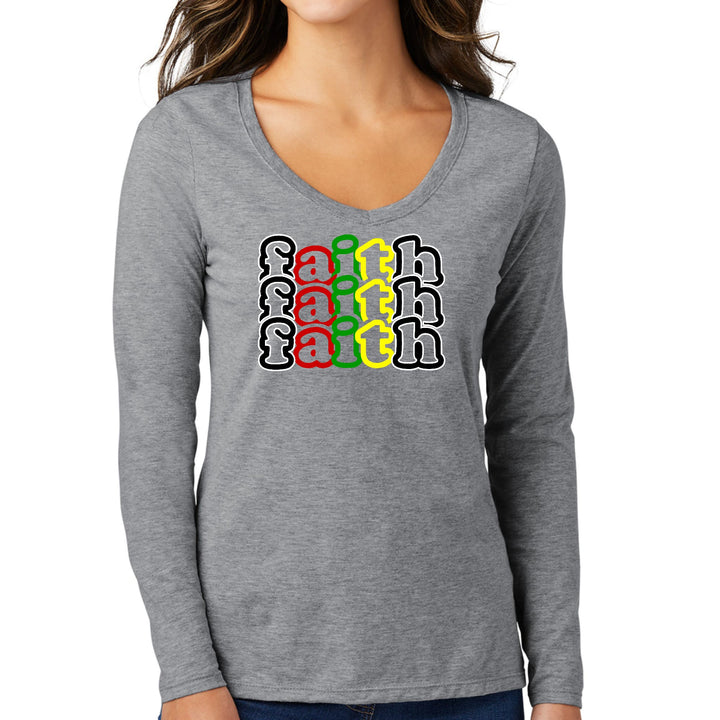 Womens Long Sleeve V-neck Graphic T-shirt Faith Stack Multicolor - Womens