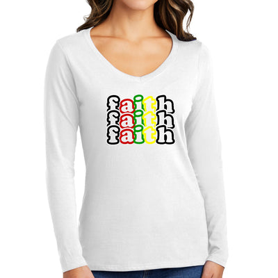 Womens Long Sleeve V - neck Graphic T - shirt Faith Stack Multicolor - Womens