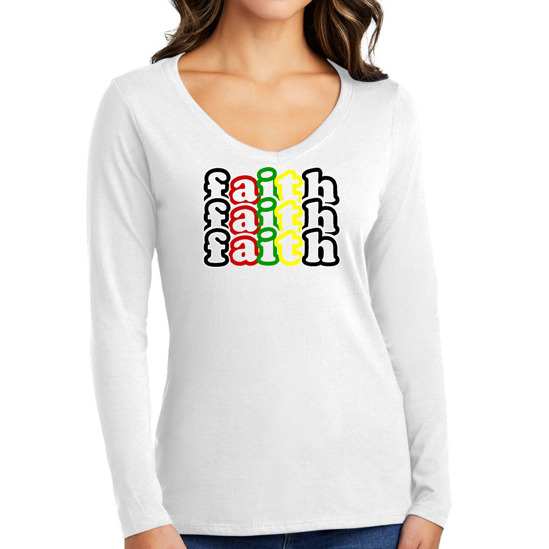 Womens Long Sleeve V-neck Graphic T-shirt Faith Stack Multicolor - Womens