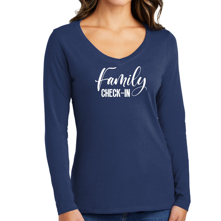 Womens Long Sleeve V-neck Graphic T-shirt - Family Check-in