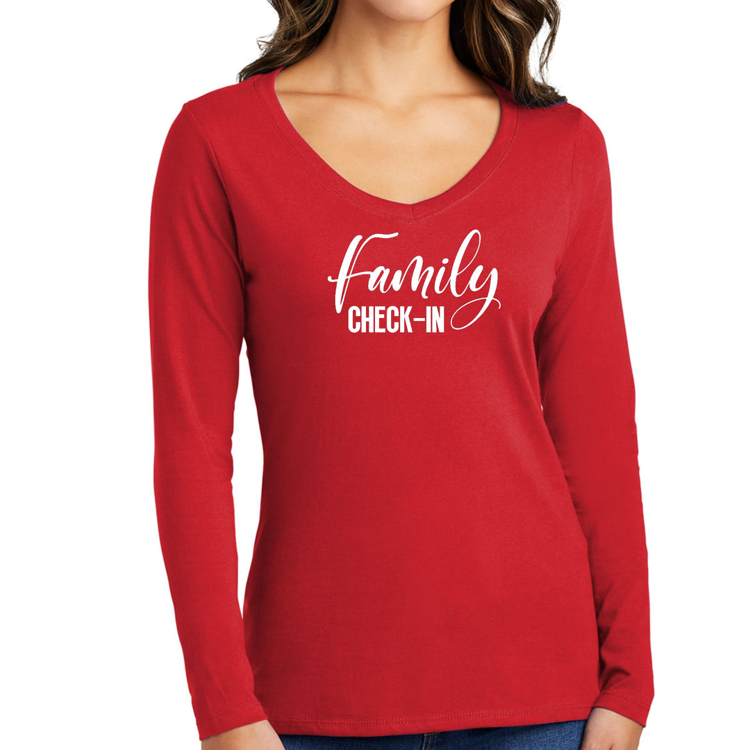 Womens Long Sleeve V-neck Graphic T-shirt - Family Check-in