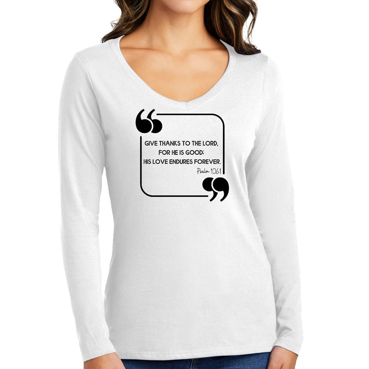 Womens Long Sleeve V-neck Graphic T-shirt Give Thanks to the Lord - Womens