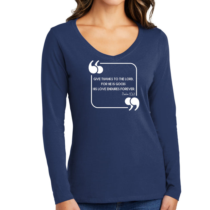 Womens Long Sleeve V-neck Graphic T-shirt - Give Thanks to the Lord