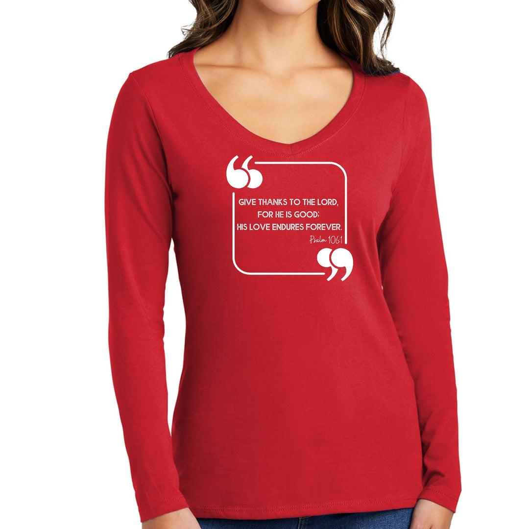 Womens Long Sleeve V-neck Graphic T-shirt - Give Thanks to the Lord