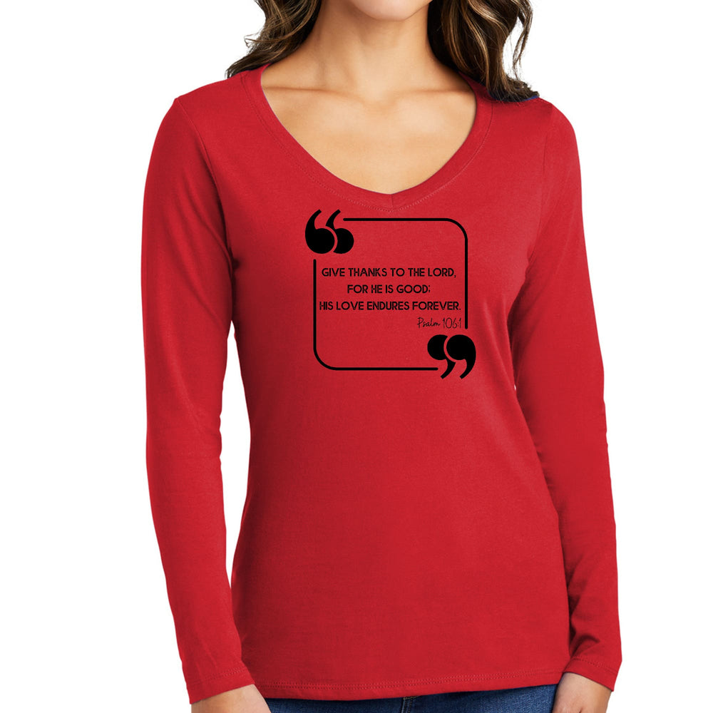 Womens Long Sleeve V-neck Graphic T-shirt Give Thanks to the Lord - Womens