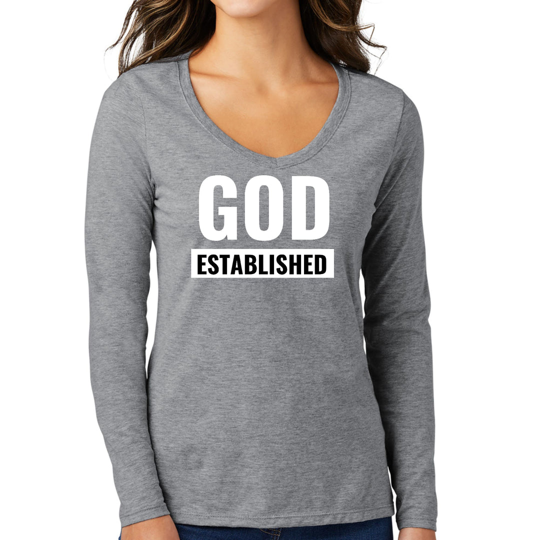 Womens Long Sleeve V-neck Graphic T-shirt - God Established - Womens | T-Shirts