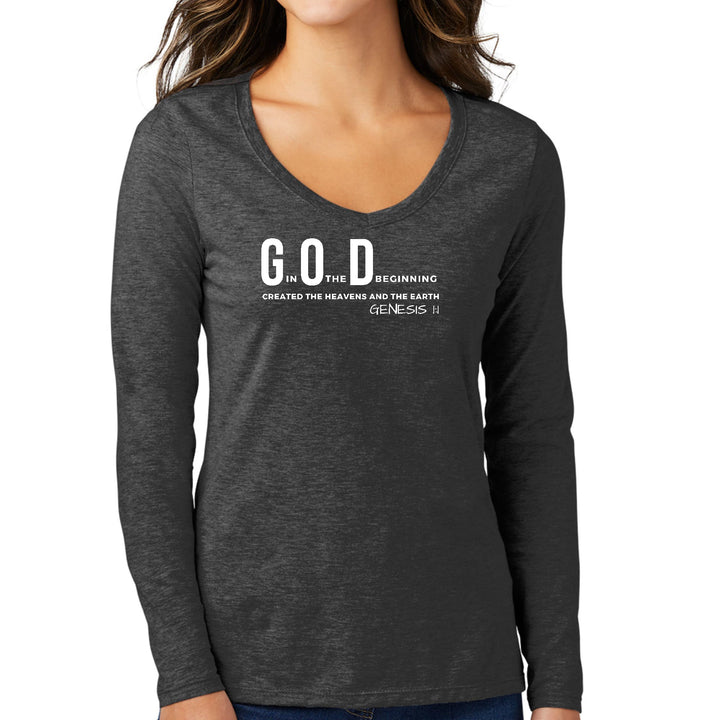 Womens Long Sleeve V-neck Graphic T-shirt God in the Beginning Print - Womens