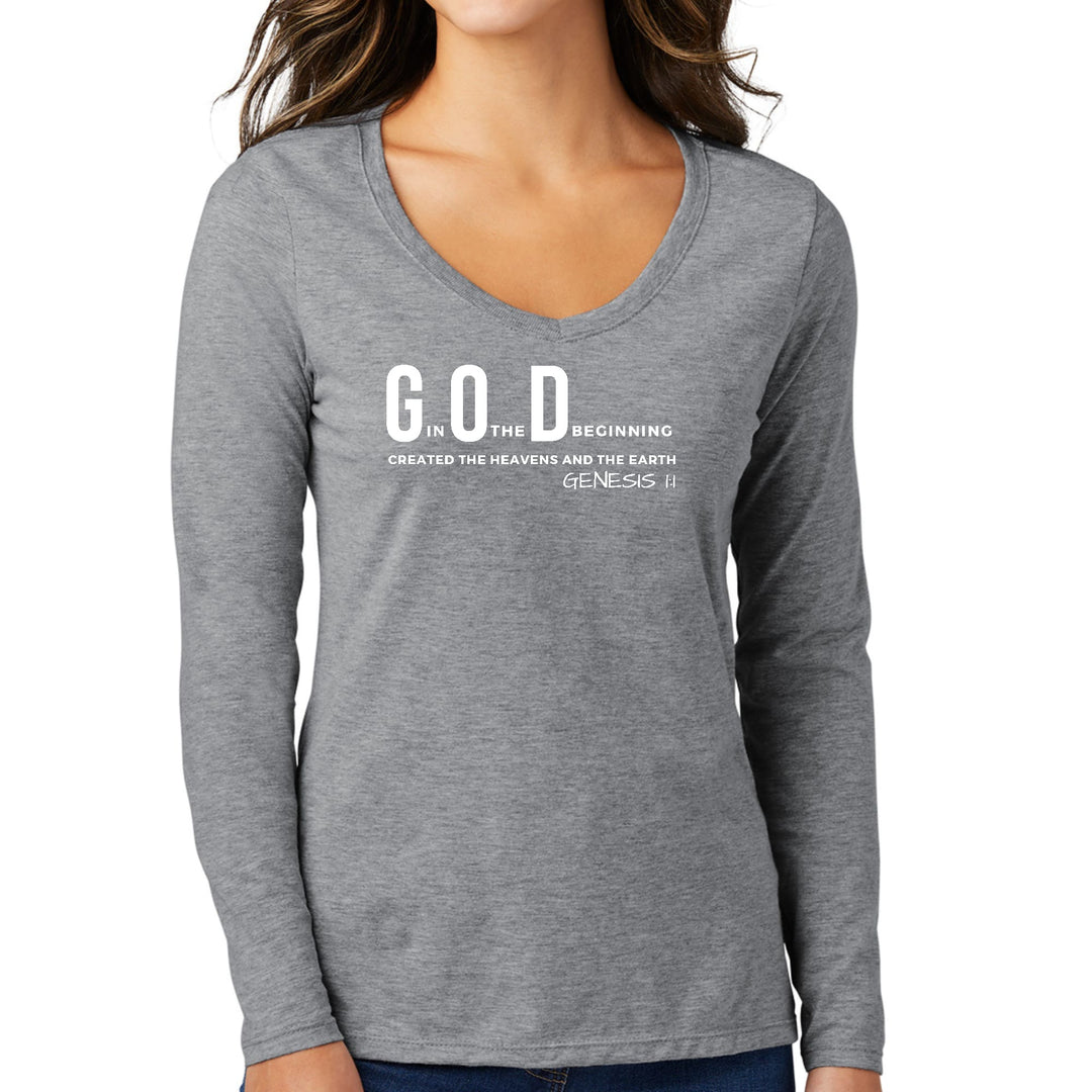 Womens Long Sleeve V-neck Graphic T-shirt God in the Beginning Print - Womens