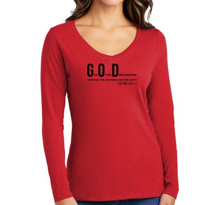 Womens Long Sleeve V-neck Graphic T-shirt God In The Beginning Print - Womens
