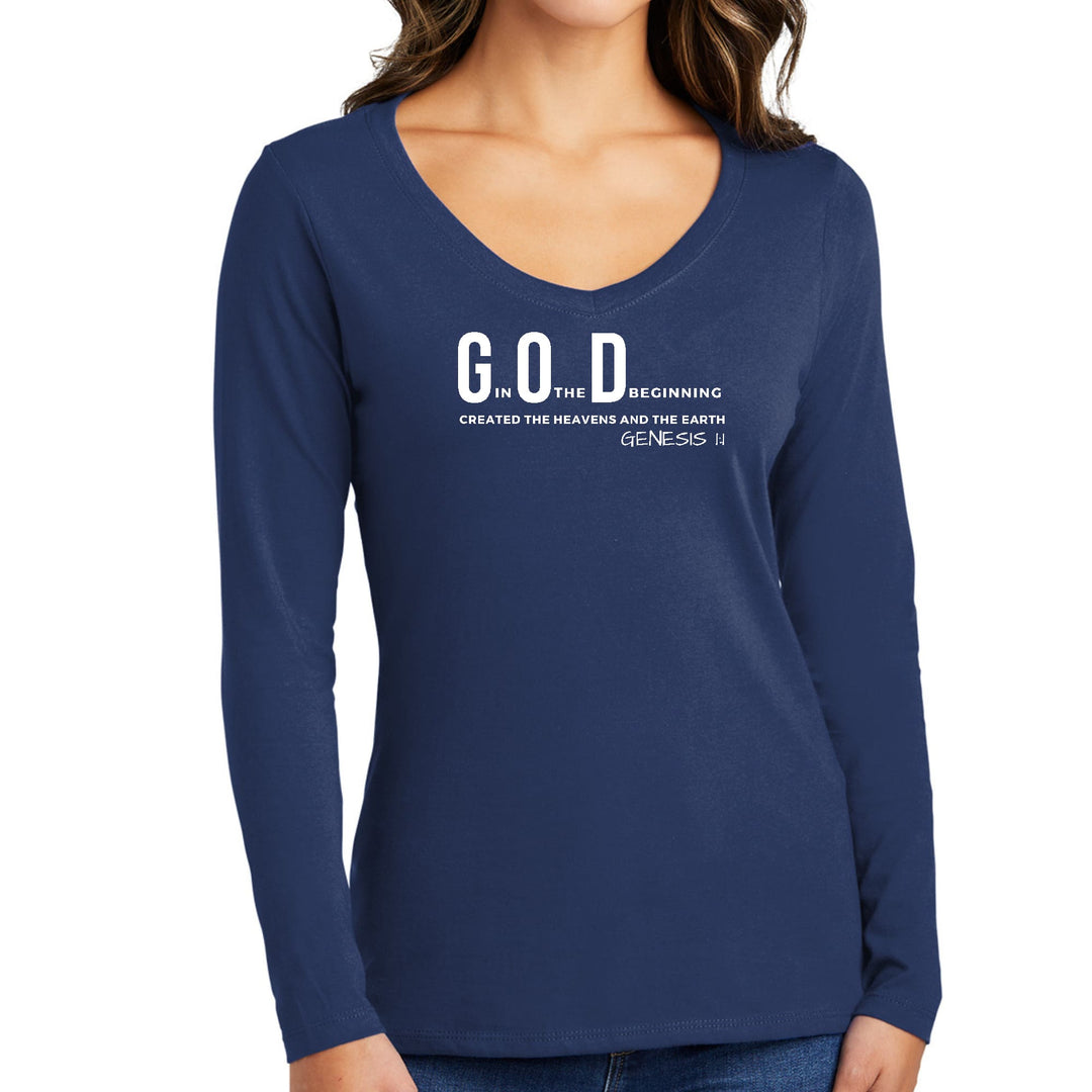 Womens Long Sleeve V-neck Graphic T-shirt God in the Beginning Print - Womens