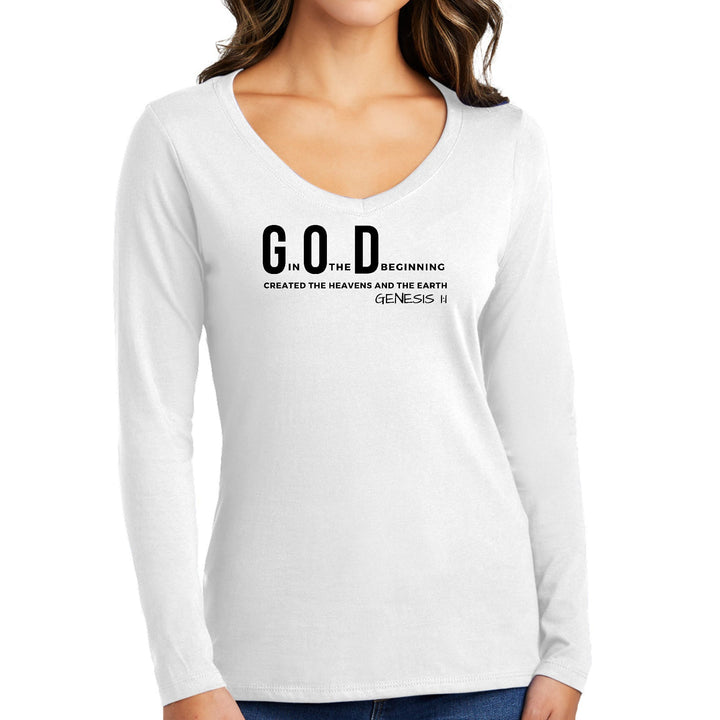 Womens Long Sleeve V-neck Graphic T-shirt God in the Beginning Print - Womens