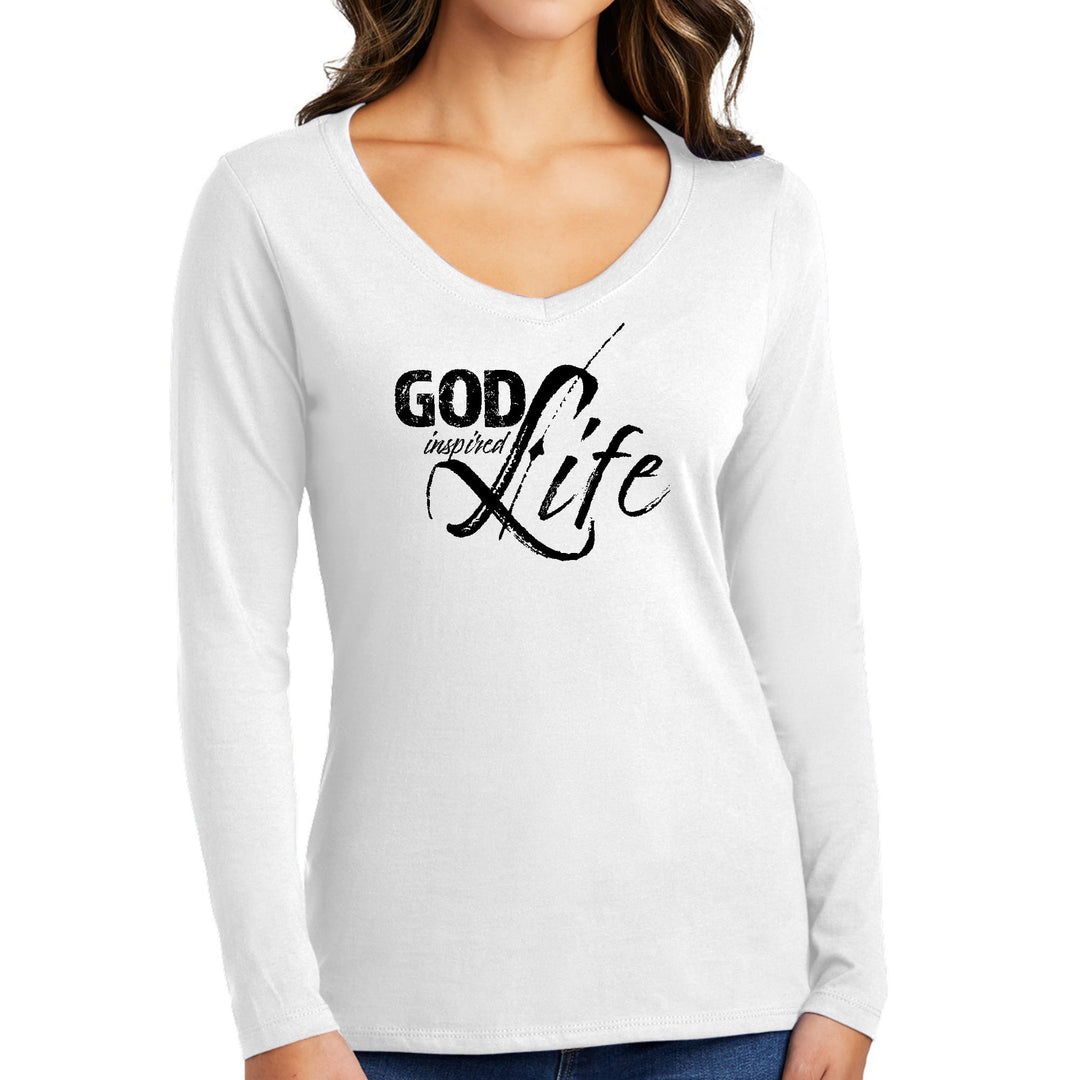 Womens Long Sleeve V-neck Graphic T-shirt - God Inspired Life Black - Womens