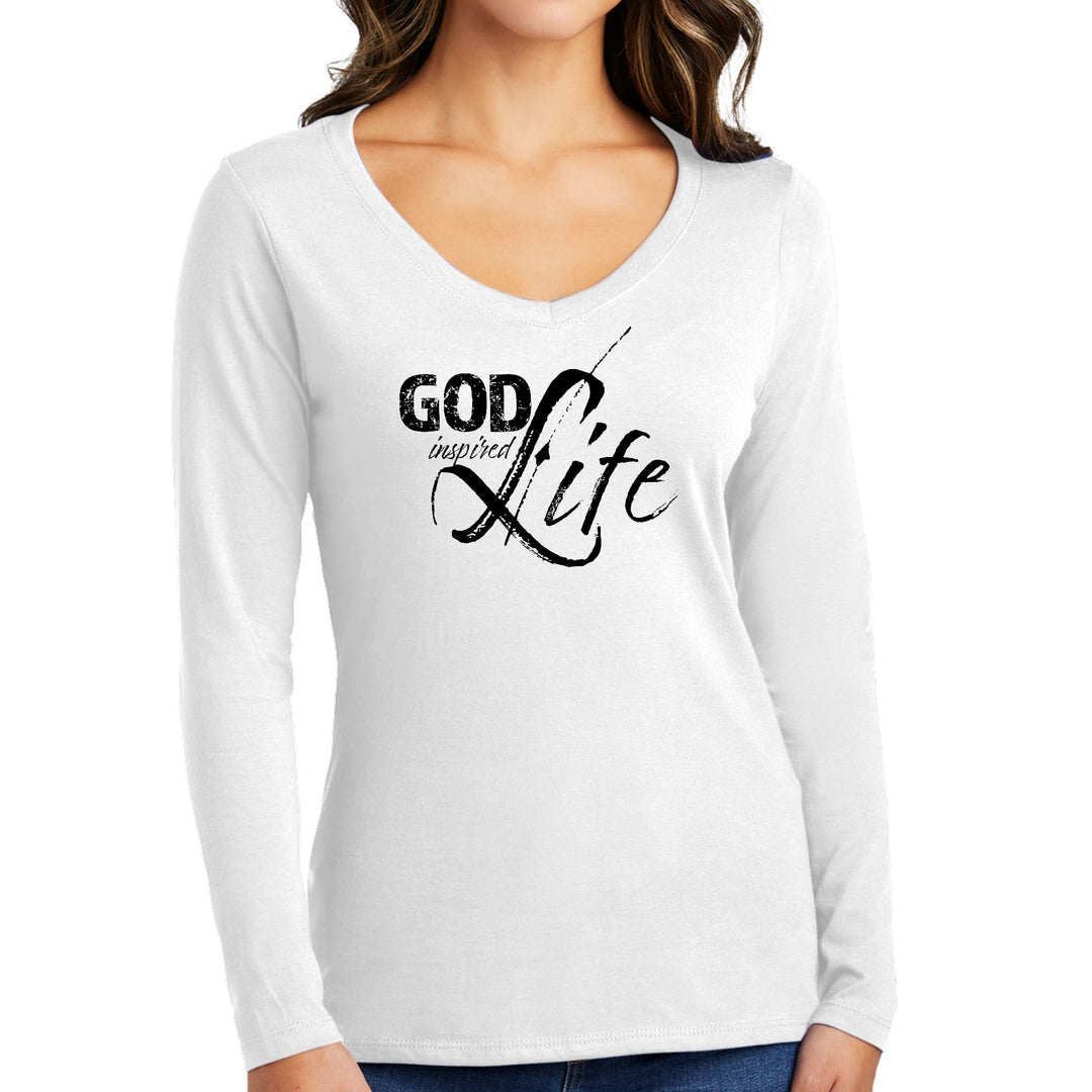 Womens Long Sleeve V-neck Graphic T-shirt God Inspired Life Black - Womens