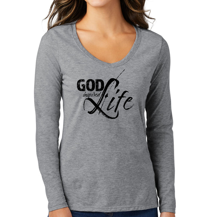 Womens Long Sleeve V-neck Graphic T-shirt - God Inspired Life Black - Womens