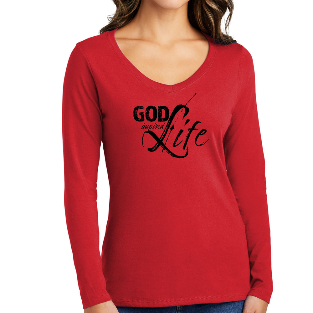 Womens Long Sleeve V-neck Graphic T-shirt - God Inspired Life Black - Womens