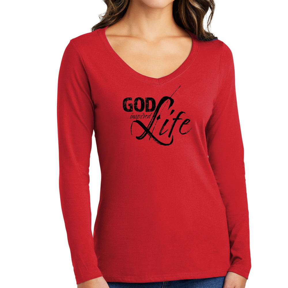 Womens Long Sleeve V-neck Graphic T-shirt God Inspired Life Black - Womens