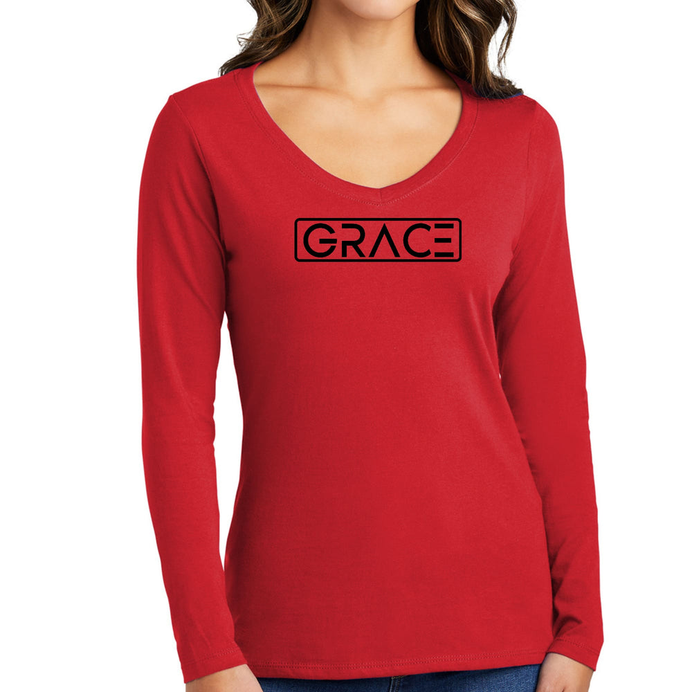 Womens Long Sleeve V-neck Graphic T-shirt Grace Christian Black - Womens