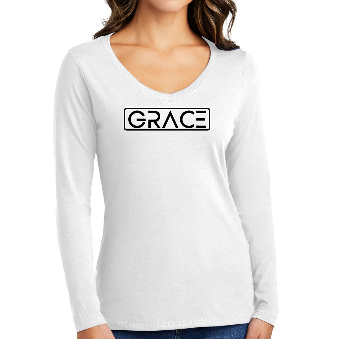 Womens Long Sleeve V-neck Graphic T-shirt Grace Christian Black - Womens