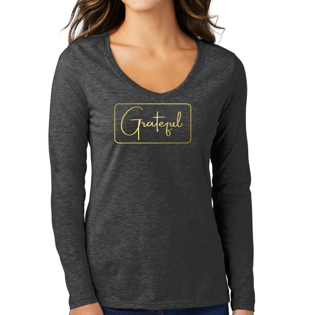 Womens Long Sleeve V-neck Graphic T-shirt - Grateful - Metallic Gold - Womens