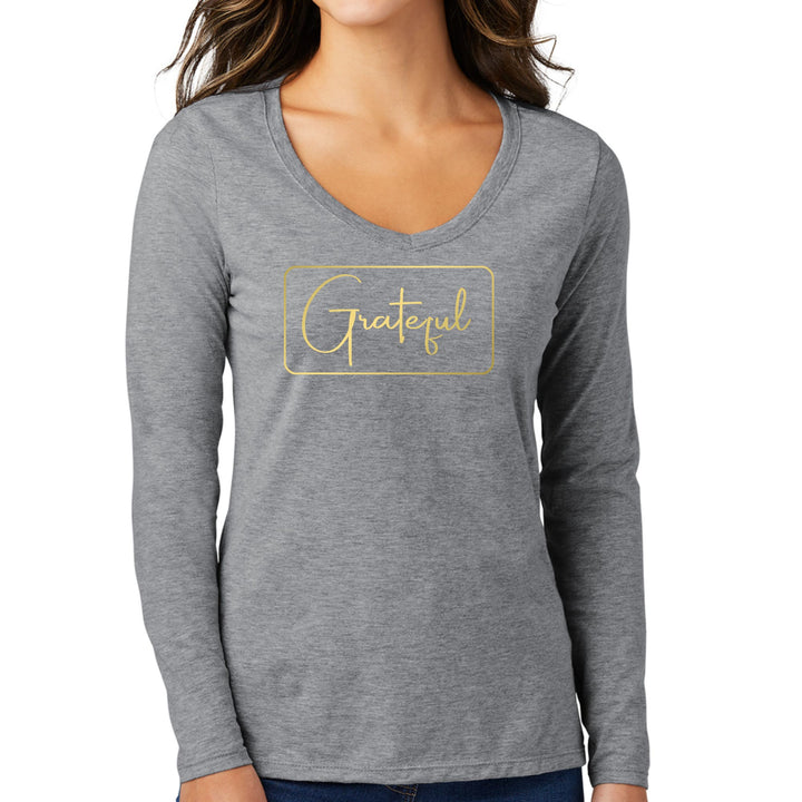 Womens Long Sleeve V-neck Graphic T-shirt - Grateful - Metallic Gold - Womens